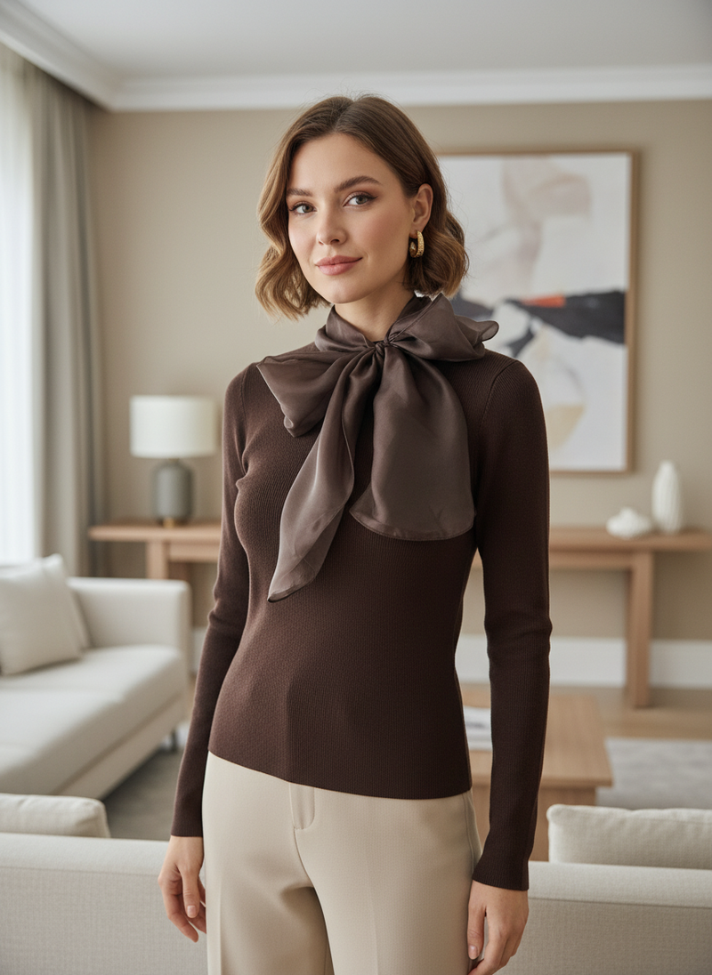 Jersey Punto Fino con Lazada al Cuello | Talla Única Elegante | Botones Traseros y Tejido Premium