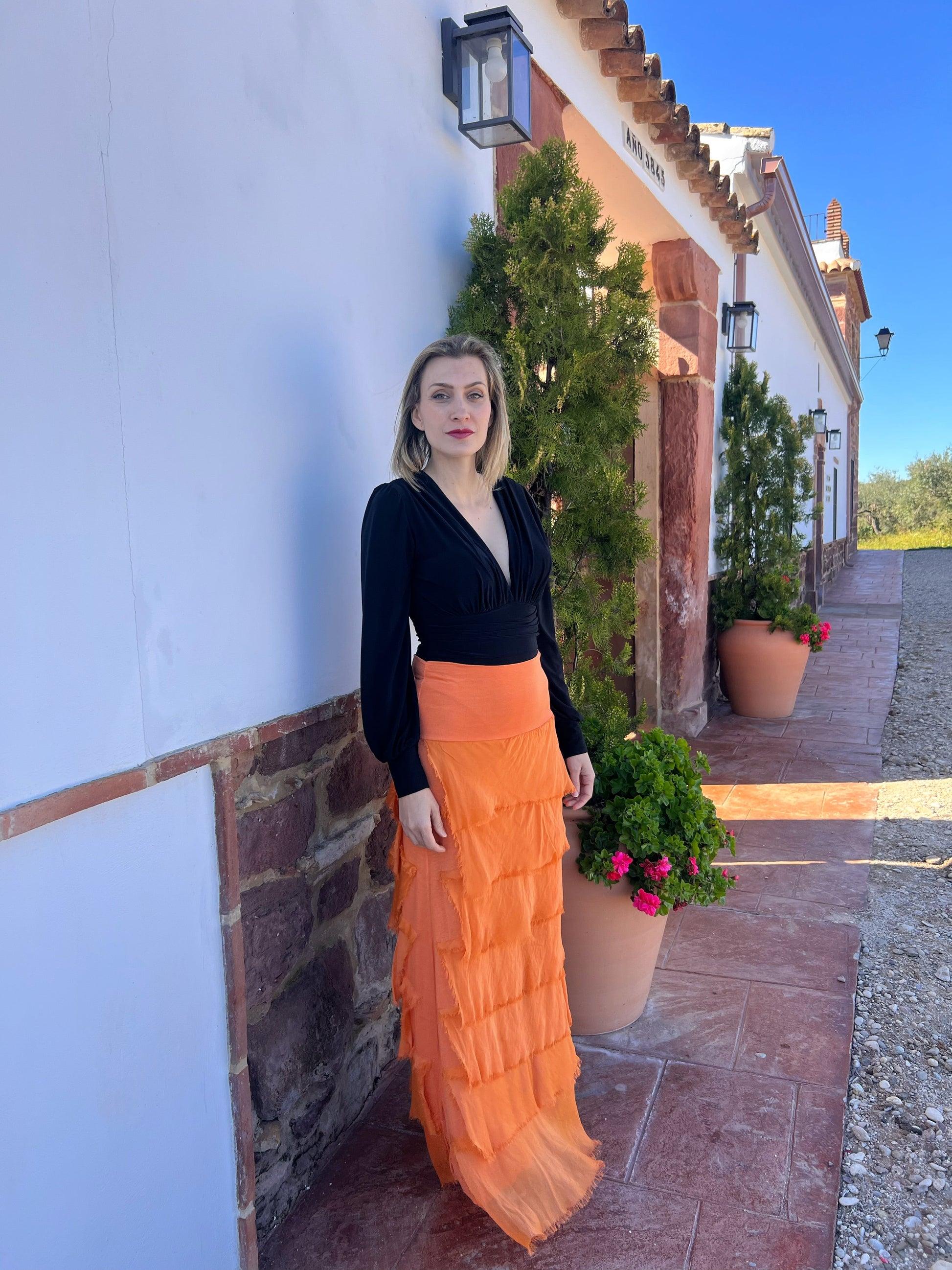 Falda larga de seda con vuelo y forro elástico El Vestidor de Inma