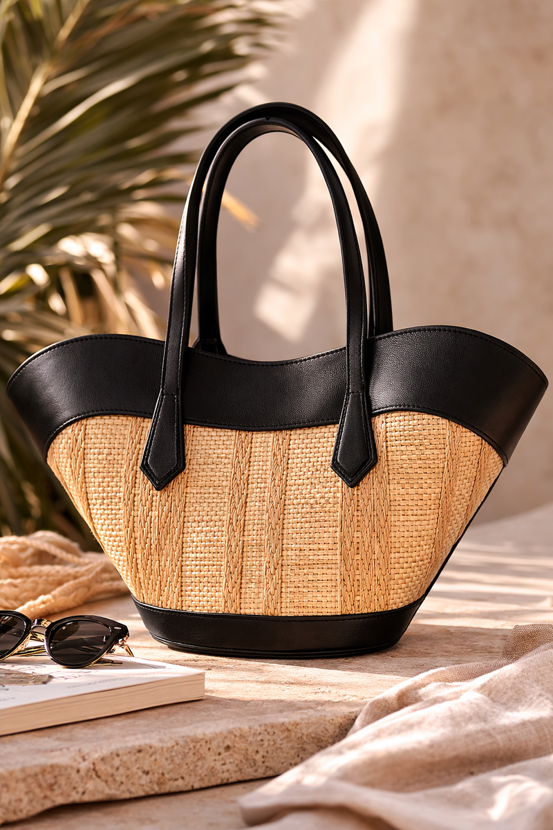 Bolso Capazo de Rafia y Piel Negra | Bolso Elegante de Verano para Mujer