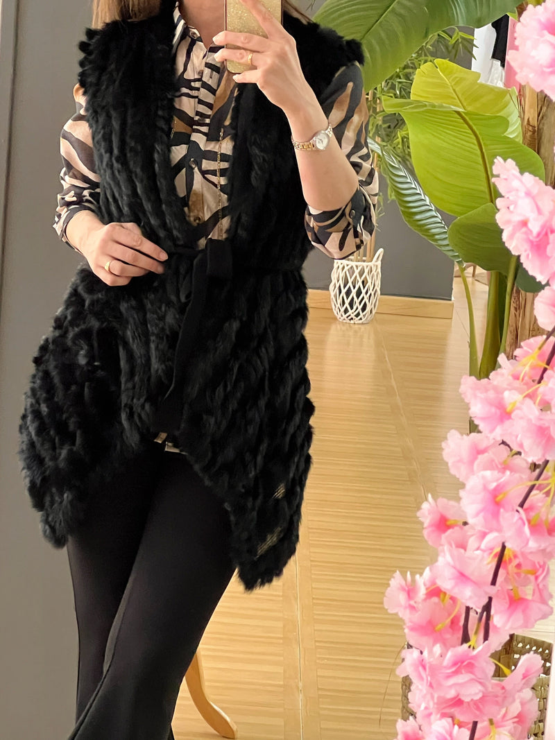 Chaleco de pelo natural de conejo negro – Elegancia y calidez en talla única