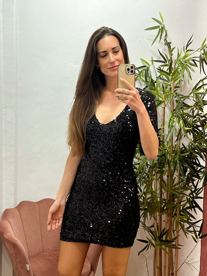 Vestido Negro de Lentejuelas Talla Única – Elegante, Forrado y Ajustable 36 a 40/42 El Vestidor de Inma