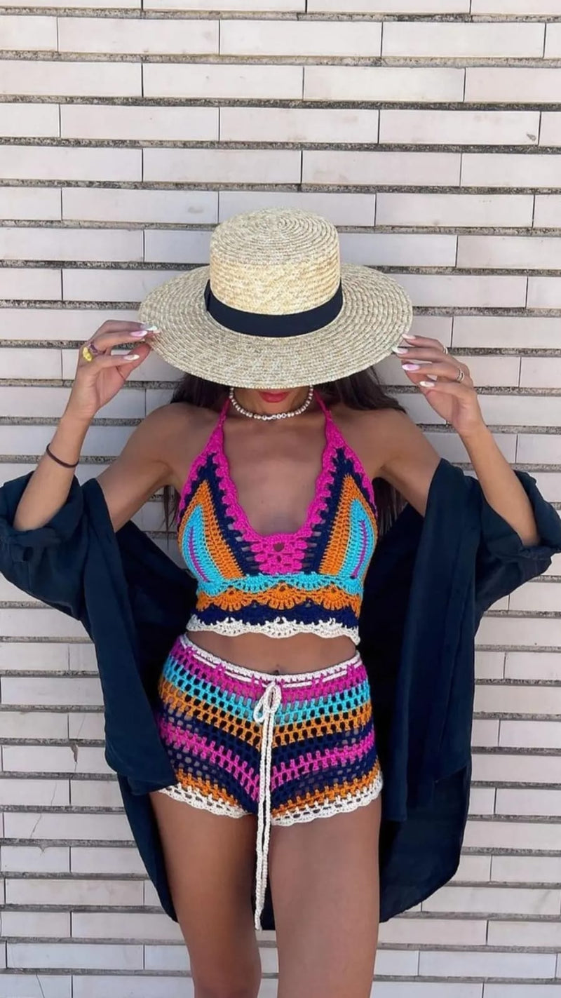 Conjunto Beach Crochet Hecho a Mano | Top Halter + Short | Talla Única 34-42 | Multicolor