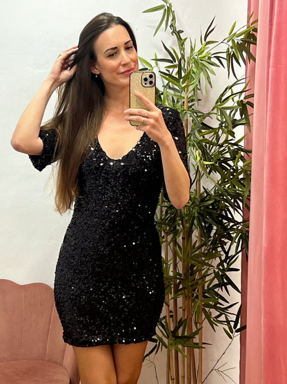 Vestido Negro de Lentejuelas Talla Única – Elegante, Forrado y Ajustable 36 a 40/42 El Vestidor de Inma