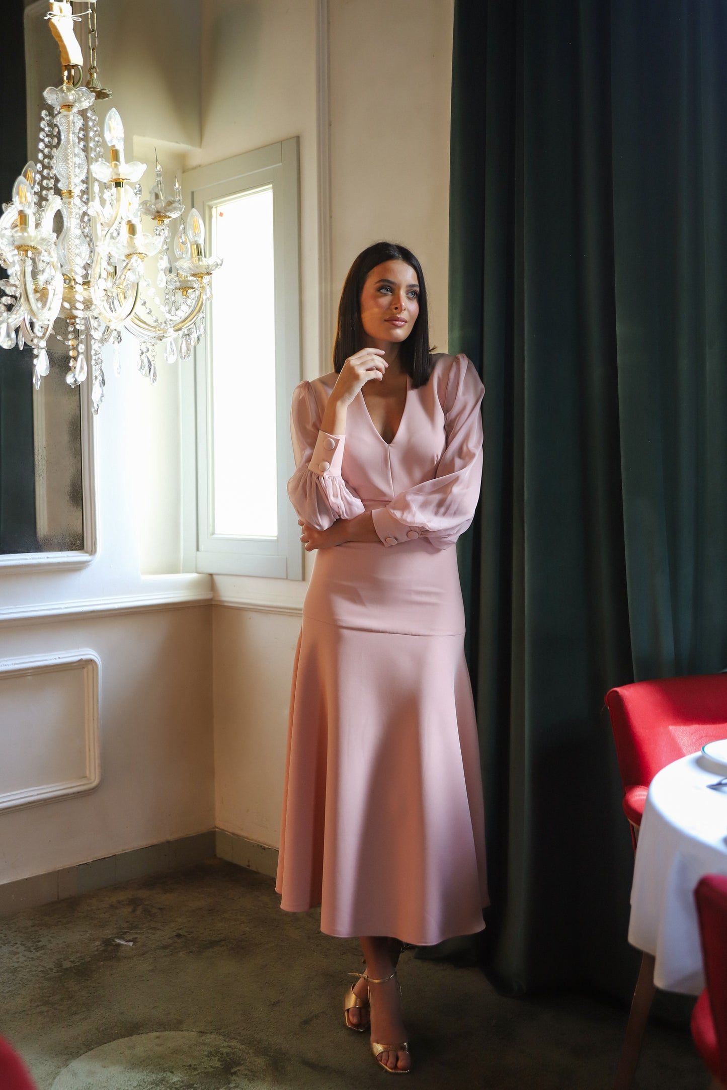 VESTIDO CHÍA NUDE MANGA GASA BOTONES