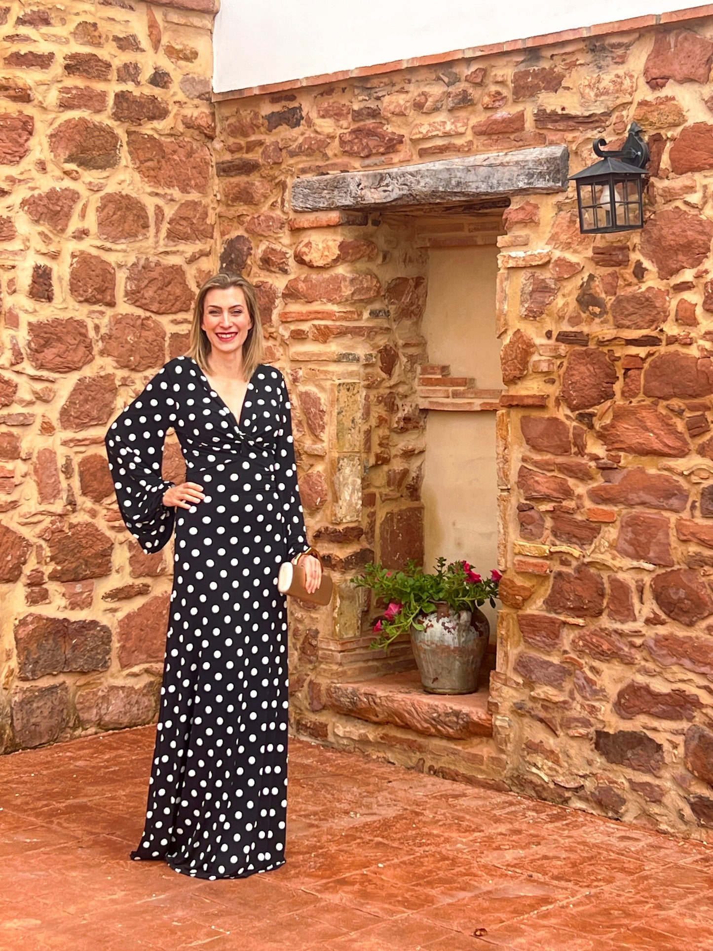 Vestido largo negro lunares blancos escote espalda — Talla Única (34-42) El Vestidor de Inma