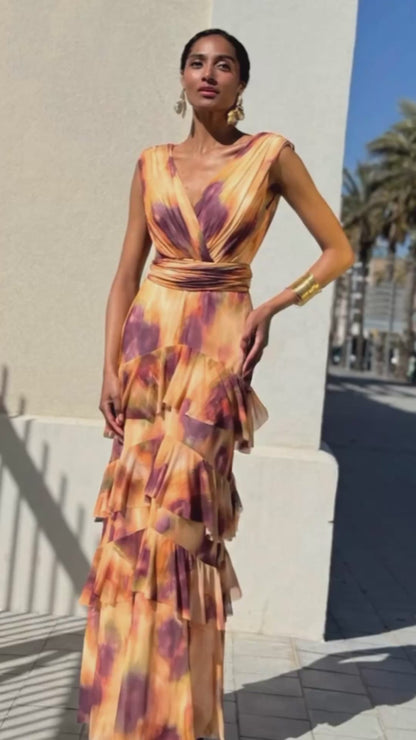 VESTIDO LARGO ESCOTE V ESTAMPADO TIE DYE CON VOLANTES