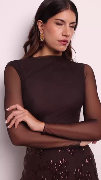 Body de Tul Marrón Talla Única – Elegante, Ajustado y Súper Favorecedor