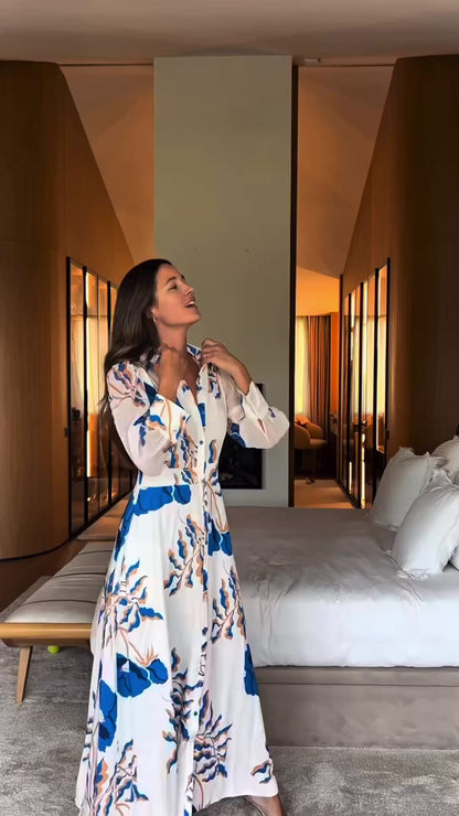 Vestido Camisero Largo Estampado Floral Azul | Invitada · Hecho en España