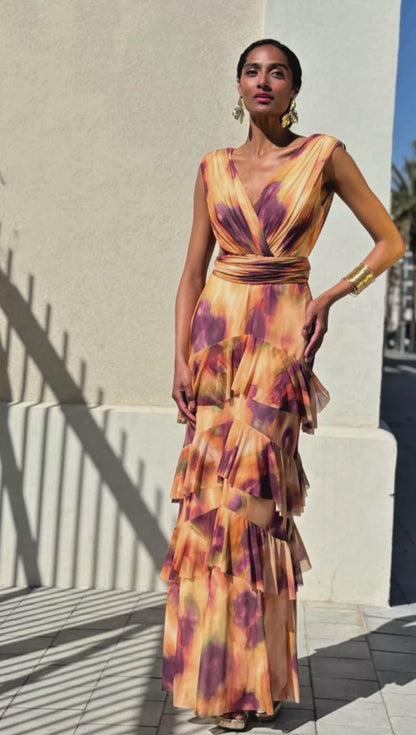 VESTIDO LARGO ESCOTE V ESTAMPADO TIE DYE CON VOLANTES