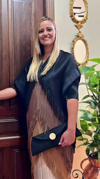 Vestido Invitada Plisado con Flecos