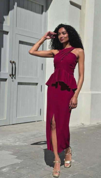 Vestido Largo Granate Peplum | Diseñado y Fabricado en España | El Vestidor de Inma